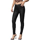 MakeMeChic Women's Faux Leather Stretch Skinny Pants High Waisted Double Button Leggings Club Party Pants