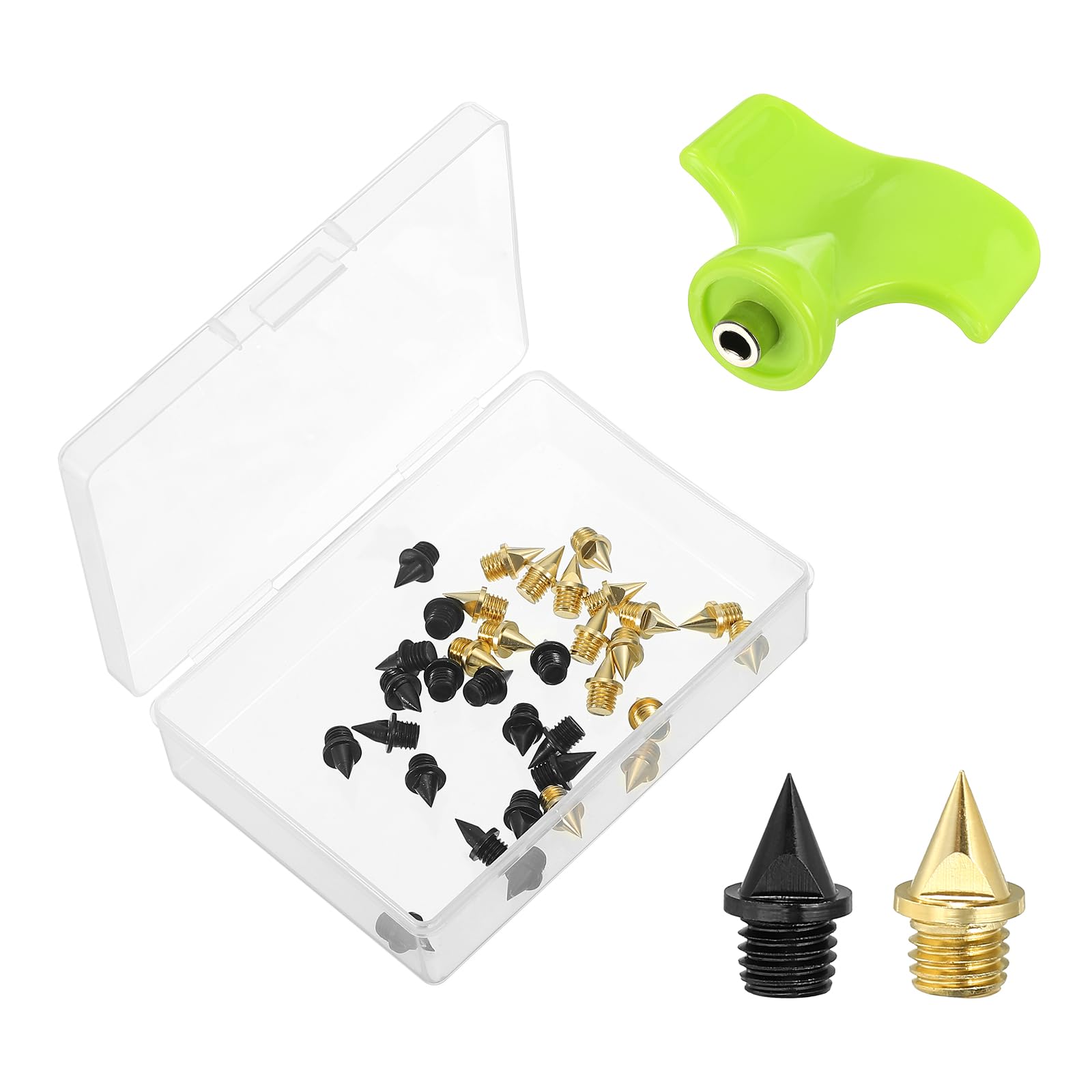 PATIKIL 1/4 Inch Carbon Steel Track Spikes, 32 Pack Sports Shoes Spikes Replacement Accessories with Spike Wrench for Long Jumping Running, Black Gold