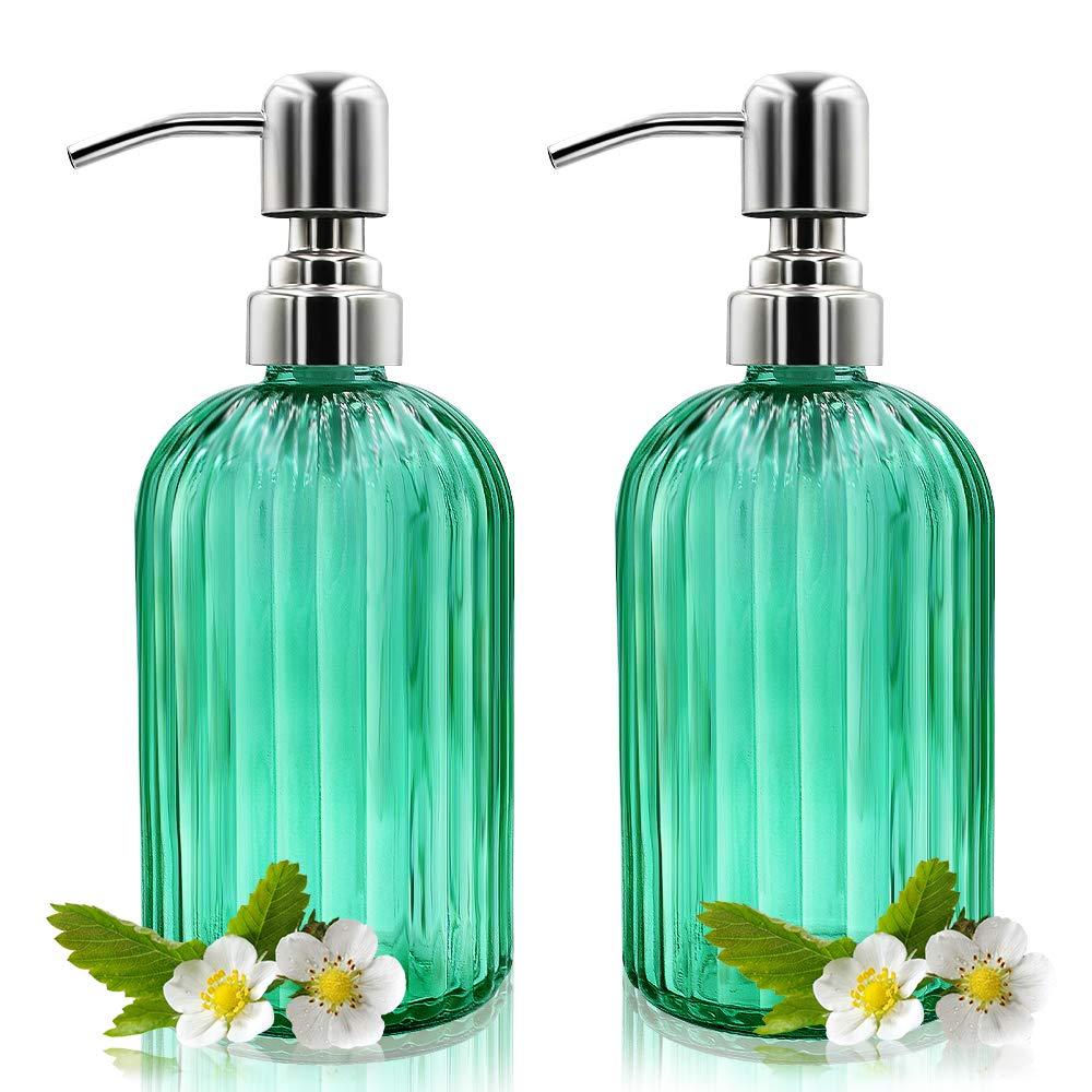 Glass Soap Dispenser - 2 Pack, 14 Oz, Rust Proof Stainless Steel Pump, Refillable Liquid Bottle, Premium Hand Jar Dispenser for Bathroom, Kitchen, Countertop (Green) — image 1