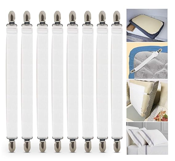 Agoer Verstellbare Elastische weiß Bettlakenspanner mit Metallklammern,Betttuchspanner Spannbettlakenhalter für Tischdecken D