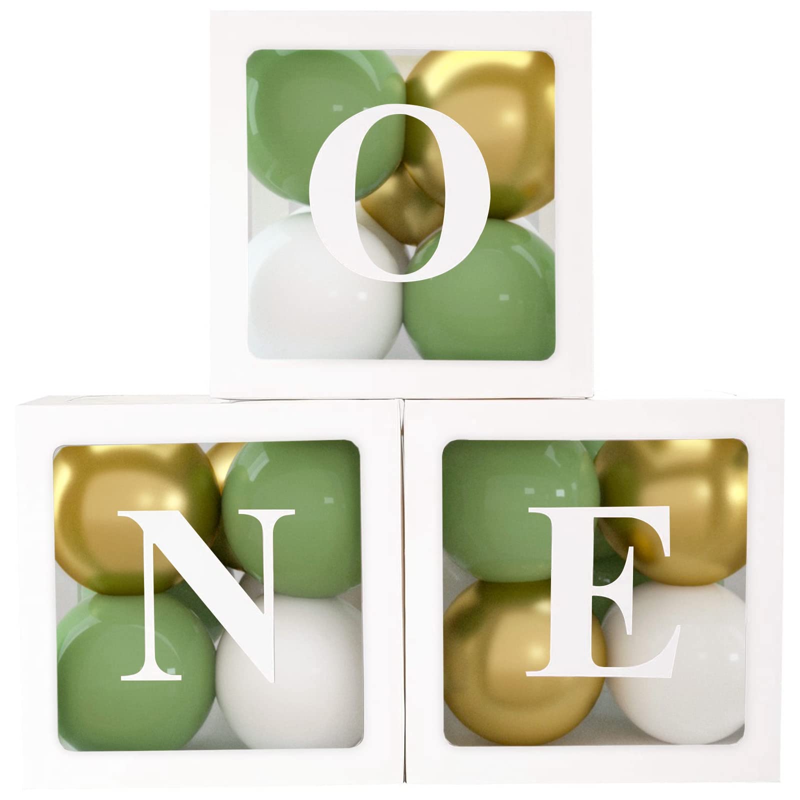 1st Birthday Party Decorations Boxes for Boys, 3pcs Balloon Boxes with 30 Green Gold White Balloons and ONE Letters, Balloon Blocks for First Birthday Backdrop, 1 One Year Old Birthdays Party Supplies