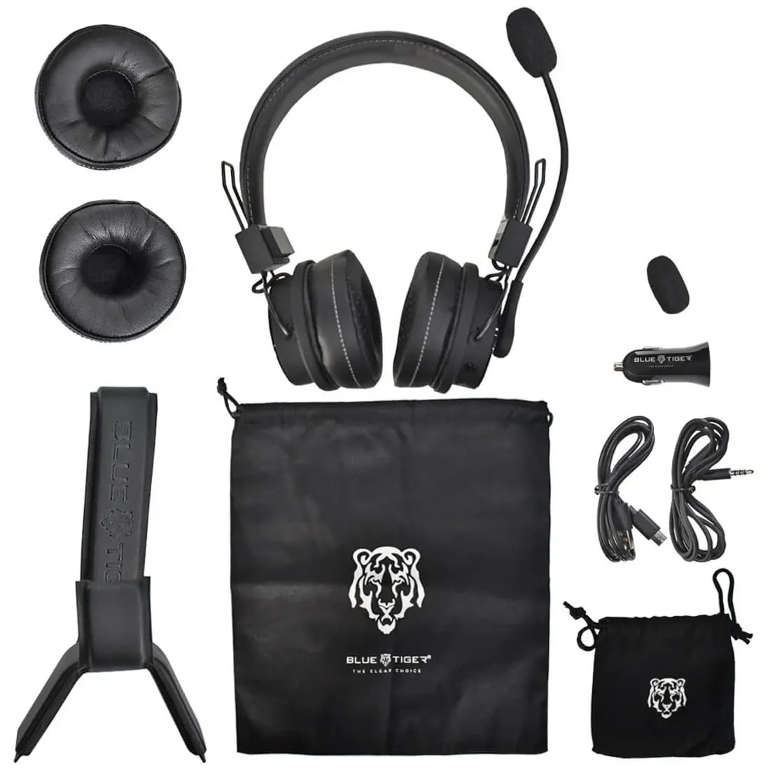 Blue Tiger Premium Elite Ultimate Single and Dual Ear 2-in-1 Bluetooth Headset – Professional Noise Cancellation Head Set with Microphone – USB-C Fast Charge & Long Battery Life