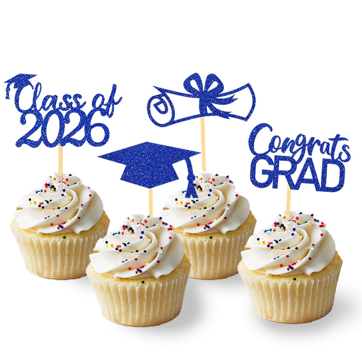 Photo 1 of 2026 Graduation Theme Cupcake Toppers Glitter Class of 2026 Graduation Cap Diploma Cupcake Picks - Set of 24 (Blue2)