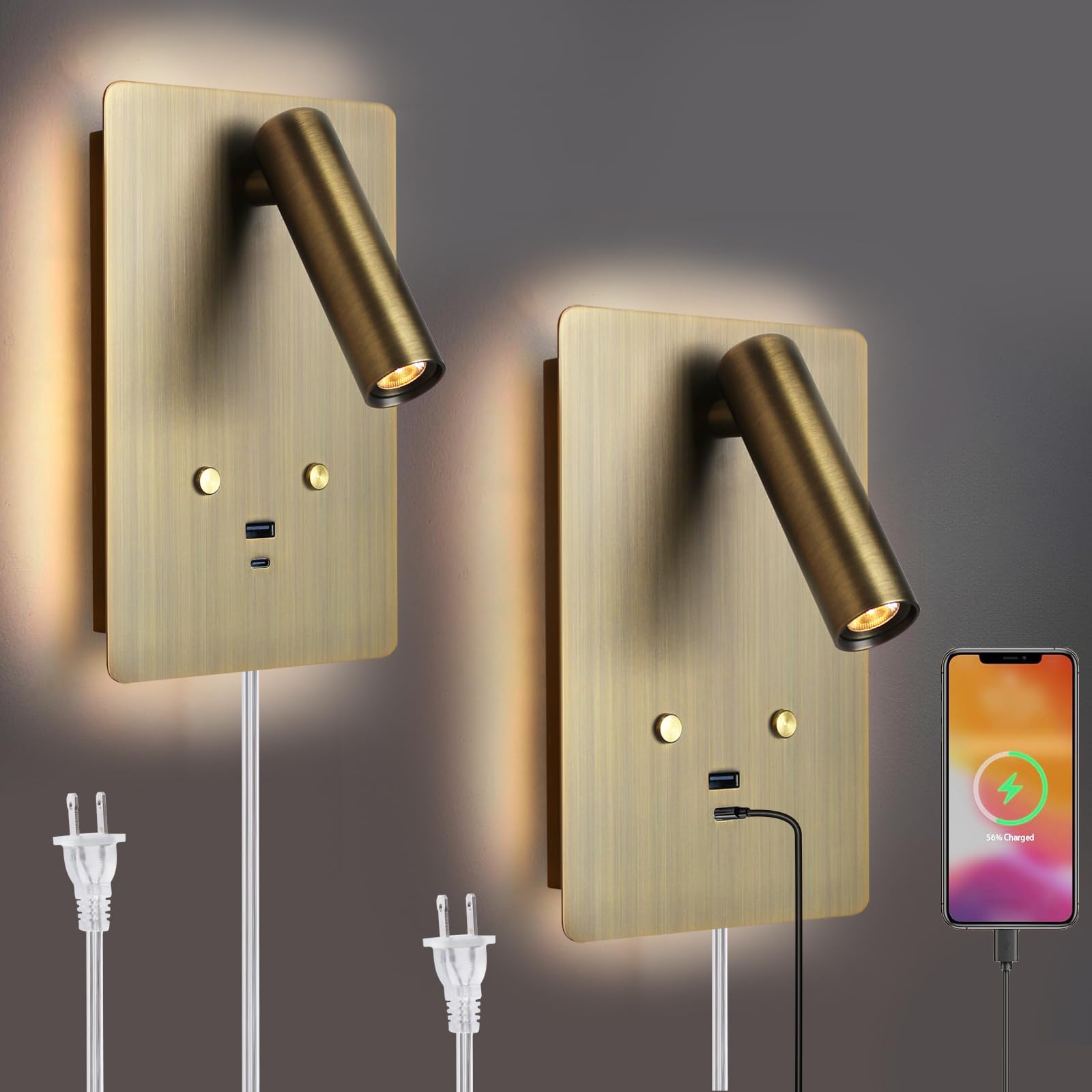 Photo 1 of ZEROUNO Wall Mounted Reading Light Set of 2,Dimmable Adjustable Headboard Plug in Wall Sconce with USB A+C Ports,Touch Control Wall Light for Bedroom Bedside Lamps