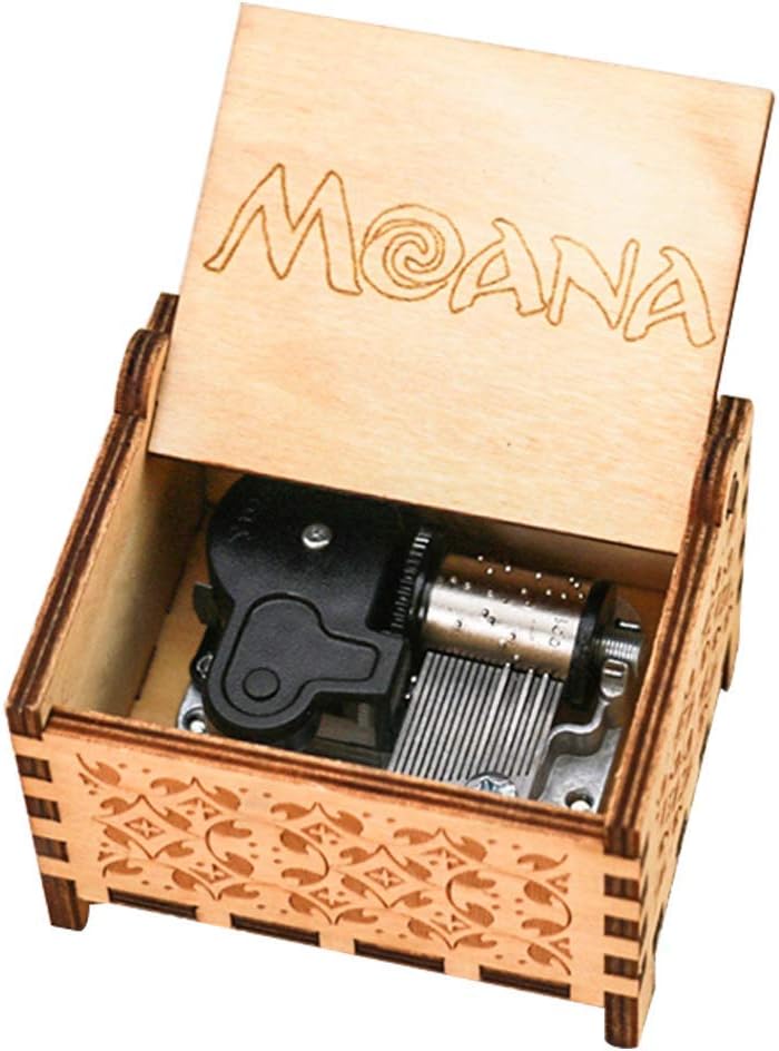 Zhaoyun Moana Music box 18 Note Windup Clockwork Mechanism Engraved Wood Music Box for Kids,Play How Far I'll Go,Brown