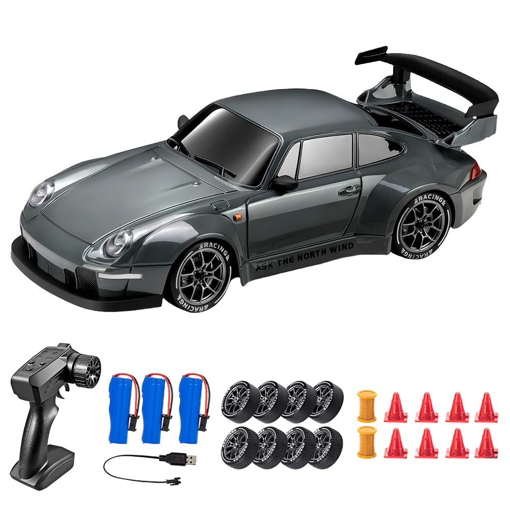 Vmxlso RC Drift Car, 1:24 Remote Control Car, 2.4GHz, 20km/h High Speed 4WD, with LED Lights, 2 Speed Modes, Racing and Drifting Tires, 3 Batteries, Mini RC Drift car Toy Gifts
