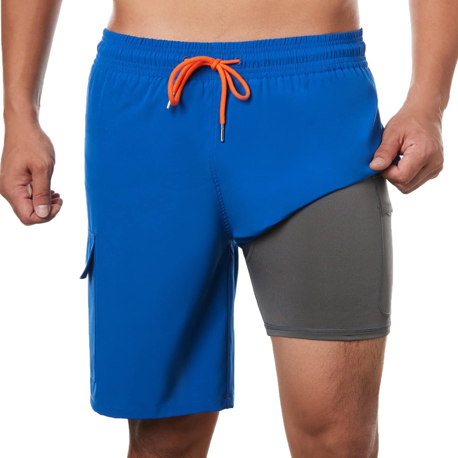 Photo 1 of BRISIRA Mens Swim Trunks 9 Inch Bathing Suit Compression Boxer Brief Liner Board Shorts Anti-Chafe Quick Dry Cargo Pocket RoyalBlue 32-M