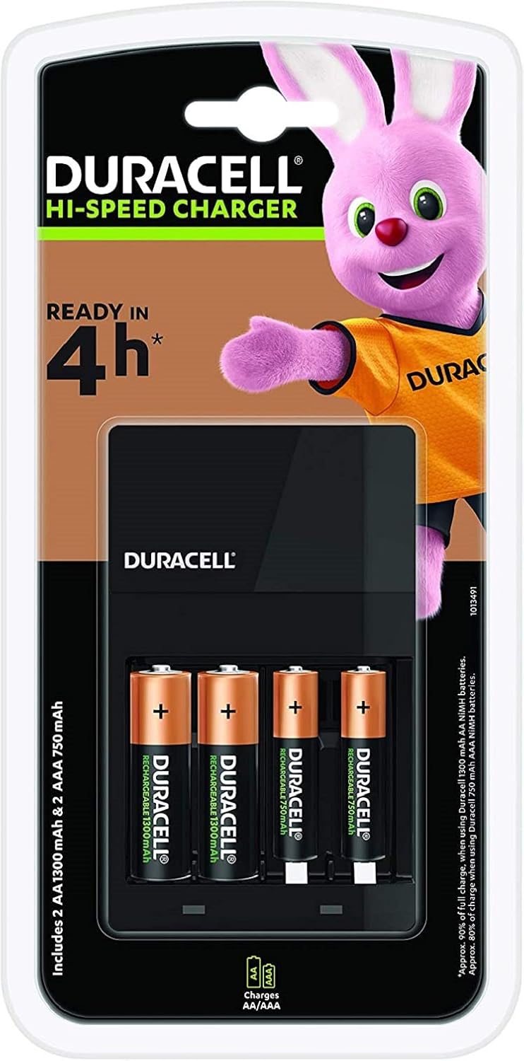 Duracell CEF14 4-Hour Battery Charger, With Rechargeable Batteries Included, AA+AAA, Black/White, 4-hora Cargador AA/AAA
