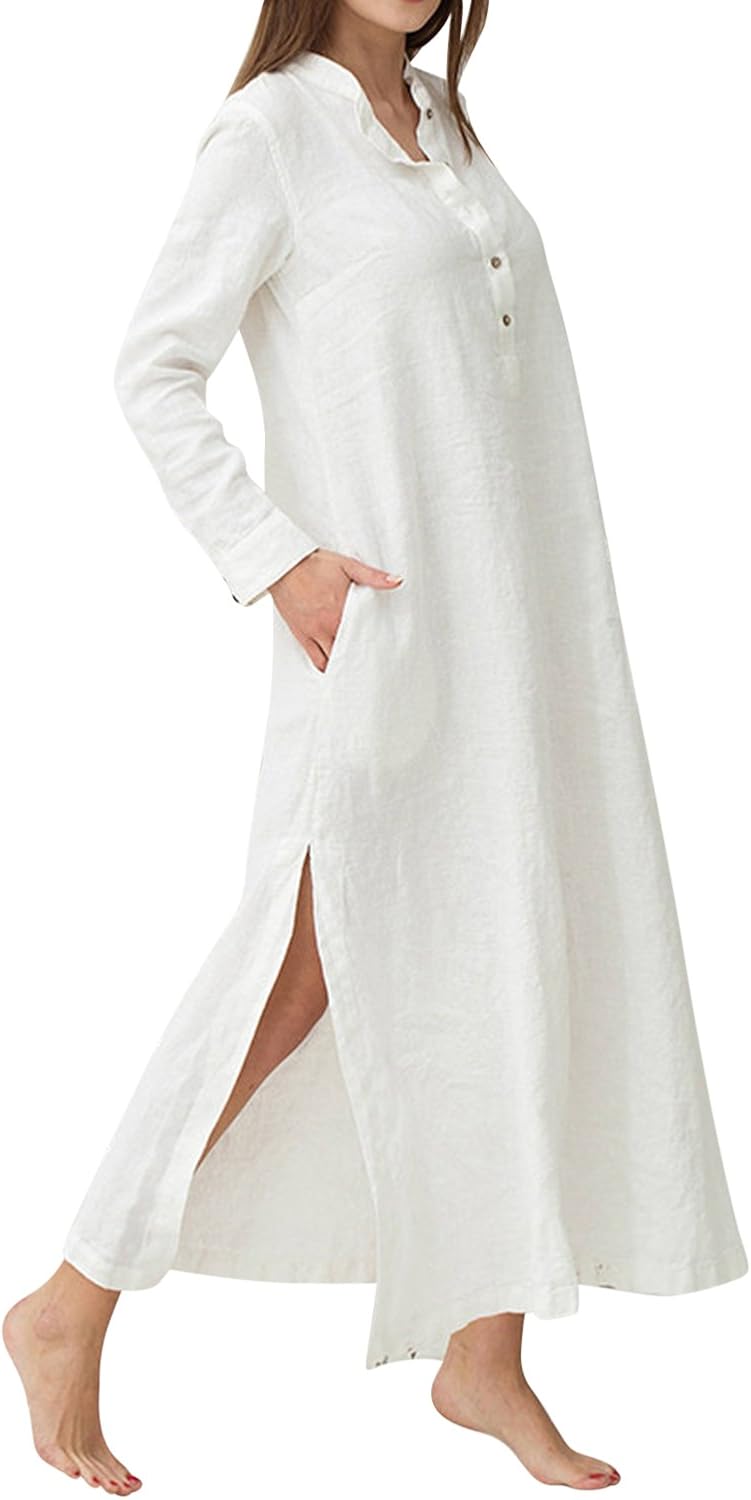 Jacansi Women Vintage Oversized Polo Neck Split Hem Cotton Linen Long Dress (03-White, 2XL) at 