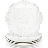 Tebery Set of 4 Ceramic Dinner Plate, 10.5 Inch Large Embossed Lace Salad Serving Plates, Elegant Appetizer Dessert Dishes for Wedding, Party, Restaurant, Kitchen, Microwave Dishwasher Safe, White