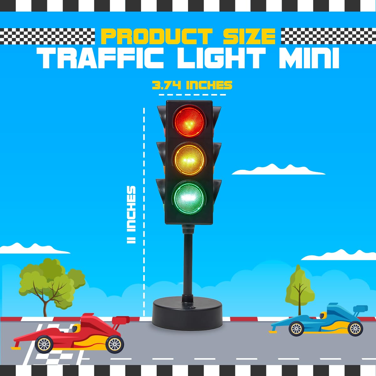 Playbees Mini Traffic Light Lamp with Base 11 inches Vibrant Decoration Working with Batteries or USB-C Traffic Light Blinking Modes Decoration for Bedrooms Stop Sign Room Decor