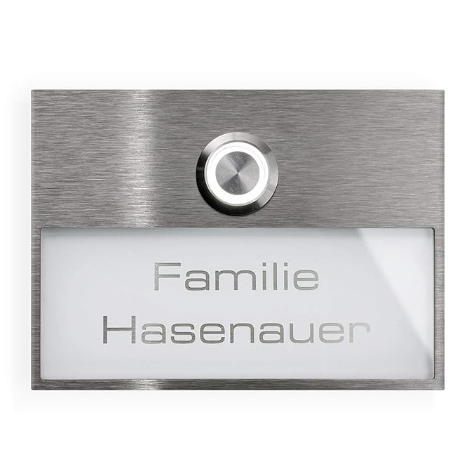 Türklingel Edelstahl Acrylglas – inkl. Gravur & LED-Taster - wetterfest - Namensschild austauschbar weiß - Unterputz