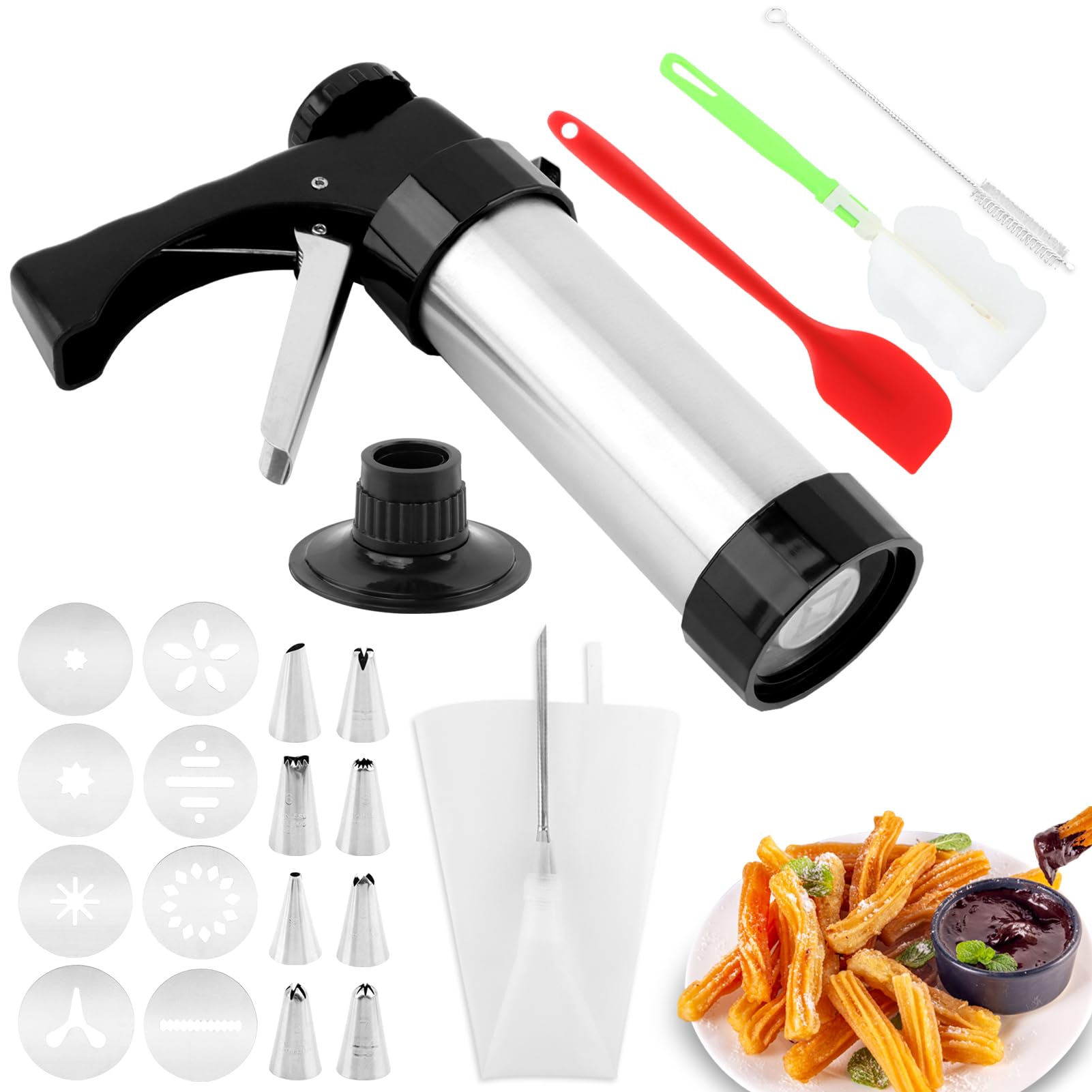 Photo 1 of 20PCS Cookie Press Gun Kit,Stainless Steel Churro Maker Machine with 8 Piping Nozzles,8 Cookie Discs & 2 Brushes,Piping Bag,Cake Spatula,for DIY Biscuit Cake Dessert Making