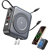 for Magsafe Portable Charger with AC Wall Plug, 6-in-1 Magnetic Wireless Power Bank 10000mAh Built-in Cables, 22.5W Type-C in&Out Fast Charging Battery Pack for iPhone 17/16/15/14/13/12 Series, Gray