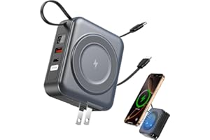 Magnetic Power Bank with AC Wall Plug, 6-in-1 Wireless Portable Charger 10000mAh Built-in Cables, 22.5W Type-C in&Out Fast Ch