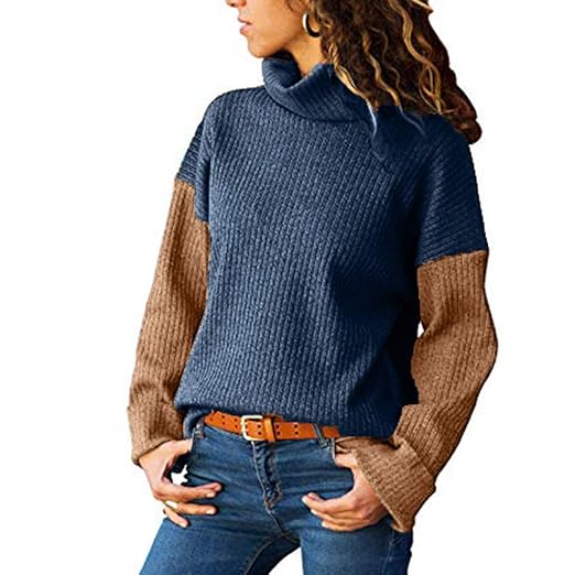 CICIYONER Slim T-Shirt Rollkragenpullover für Frauen Color Matching Long Sleeved Pullover