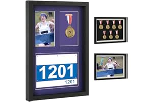 IHEIPYE Shadow Box for Medals, Race Bibs, and Photos Display - 7 Medal Display Case - Large Medal Display Picture Frame for Marathon Runner, Race Winner, Military Awards, Triathlons & All Sports (Black, A3)