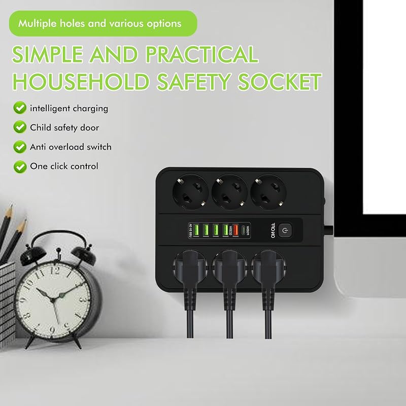 Steckdosenleiste USB-C Schwarz: Kupfer ABS USB Steckdosenleiste 2m mit 5 USB A und 1 Typ-C Schnellladeport, Schnellladefähig Multiple Steckdose für Heim, für Büro und Wohnbereich, Schwarz — Foto 5 von 7