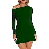 HOCILLE Women's Sexy Bodycon One Shoulder Mini Dresses Long Sleeve Ruched Ruffle Hem Club Party Short Dress