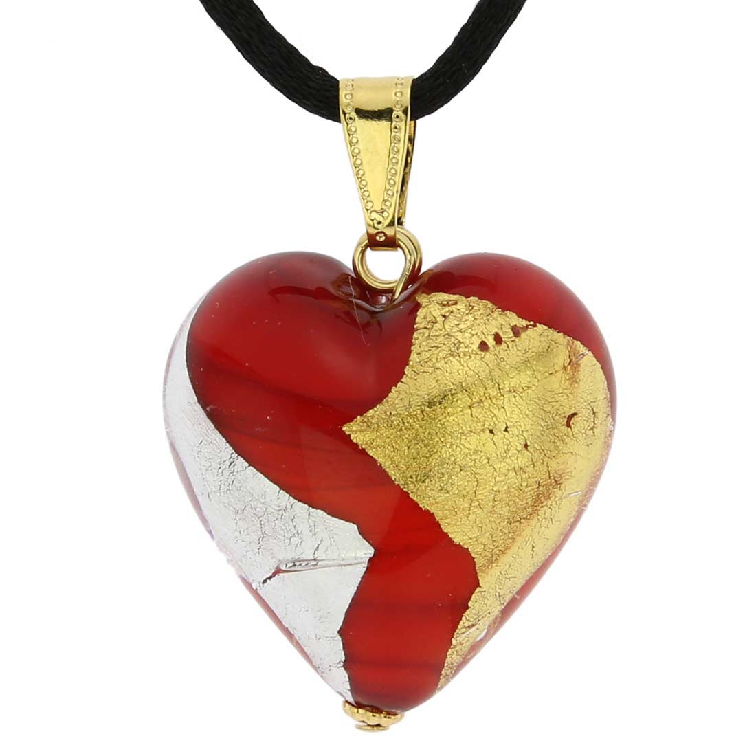 Glass Of Venice Murano Glass Heart Pendant - Red Gold and Silver