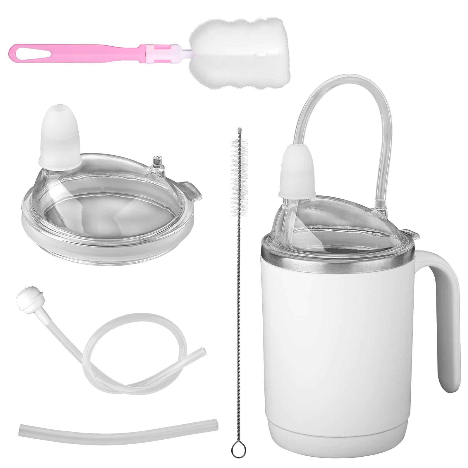 Gosknor Spill Proof Cups for Elderly, 450ml Stainless Steel Sippy Cup No Spill Cups with Straw Leak Proof Porridge Mug Suitable for Seniors Adults Maternity Drinking Water Milk and Soup (White)