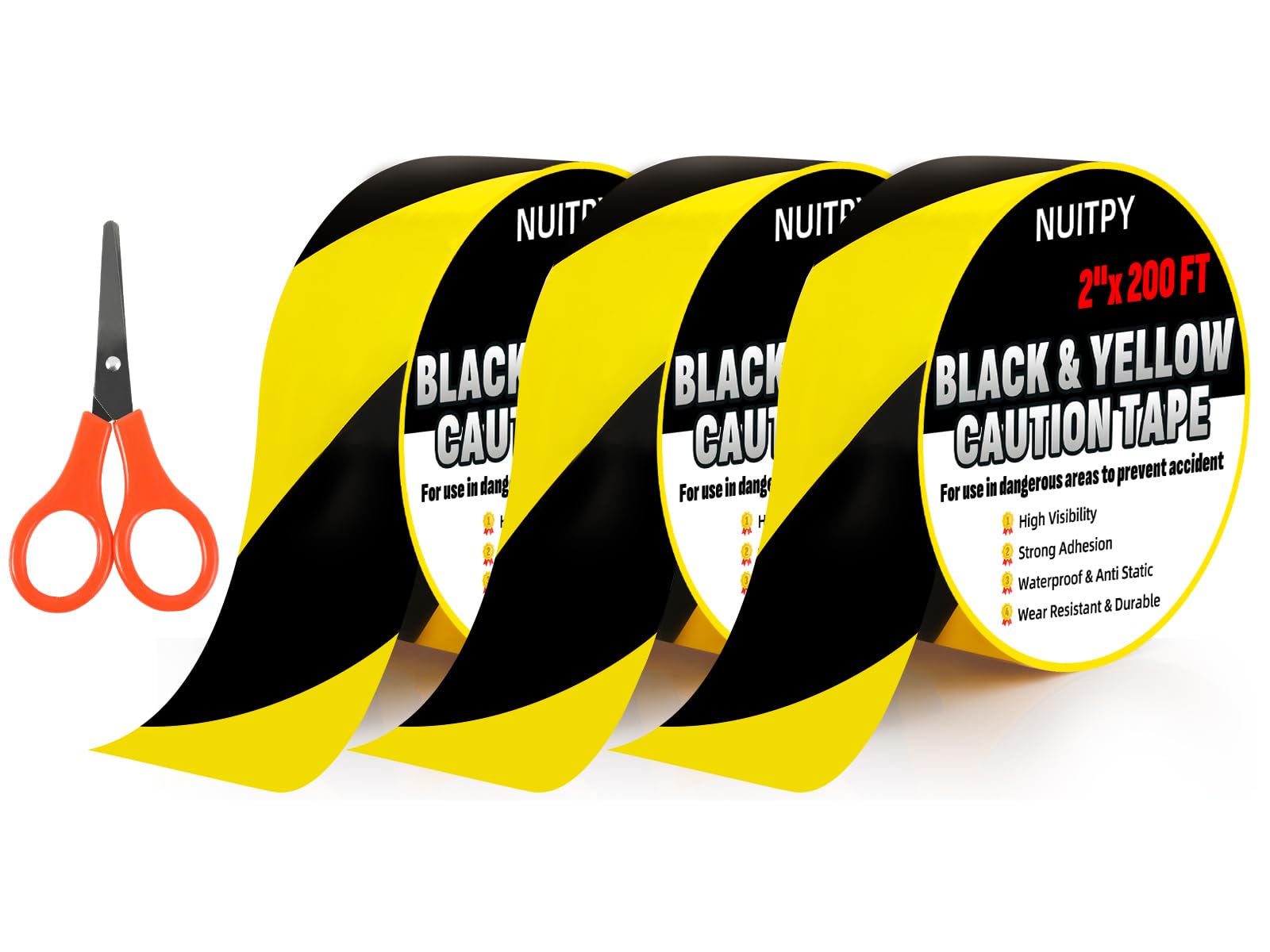 Photo 1 of 3 Roll Black & Yellow Caution Tape, 2'' x 600 FT Total Length Safety Tape, Black & Yellow Floor Marking Tapes, High Adhesive Hazard Tapes for Floors, Walls, Staircase, Pipes, Equipment, Dangerous Area