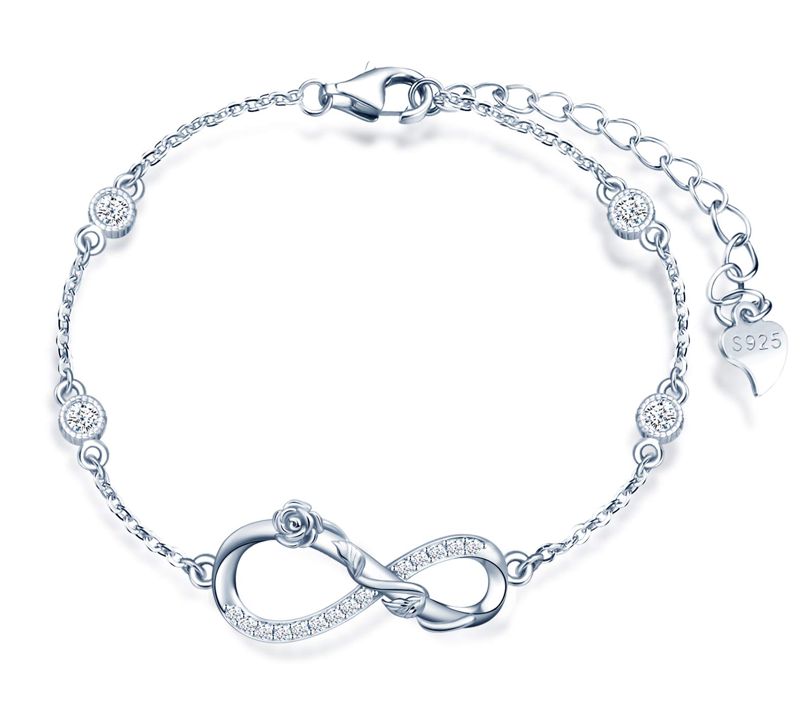 MicLee Woman's girl's Bracelet, 925 Sterling Silver bracelet, Rose flower and infinity symbol bracelet, Inlaid with zircon, adjustable chain, Unique design bracelet, silver — image 1