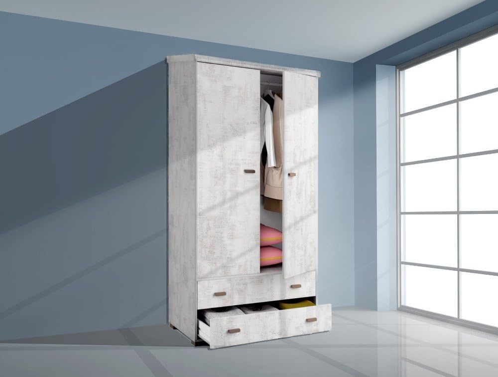 Armadio da 100 x 200 cm, con 2 ante e 2 cassetti, colore bianco