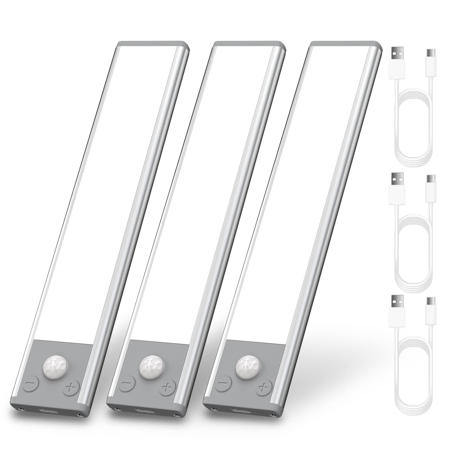 Shineled Motion Sensor Lights Indoor 3 Pack, 31 LED Wireless Under Cupboard Lights 6000K, 600mAh USB Rechargeable Night Lights, 20CM Magnetic PIR Light Strip for Kitchen Wardrobe Counter Cabinet