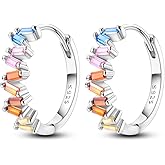 Hapour Tiny Rainbow Hoop Earrings 925 Sterling Silver | Inlaid Colorful Cubic Zirconia Huggie Earrings for Women Teen as Birthday Gift-Multicolored Stones