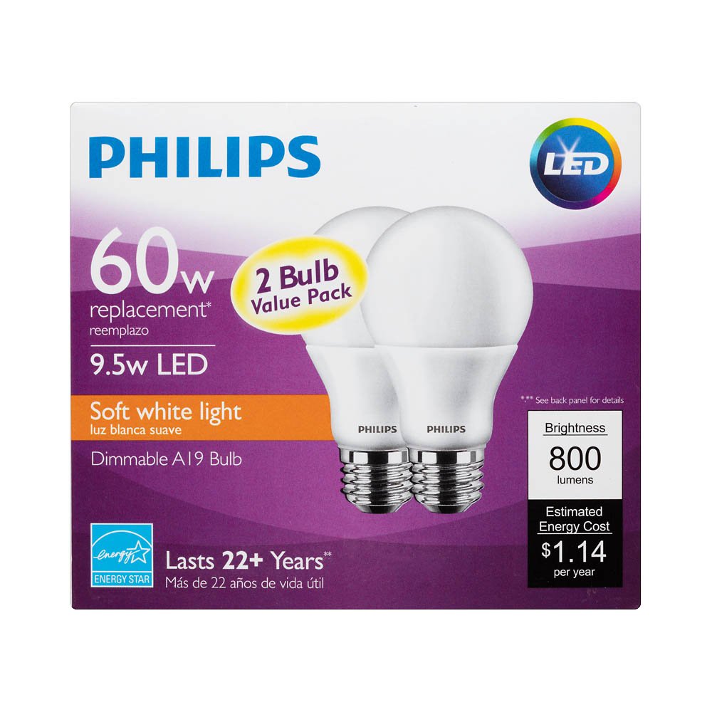 Philips LED Dimmable A19 Frosted Light Bulb 800Lumen, 2700Kelvin, 9.