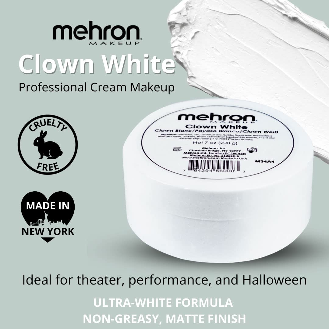 Mehron Makeup Clown White Professional Face Paint Cream Makeup | White Face Paint for Stage, Film, Cosplay, & Mime | Halloween Clown 7 oz (198g)