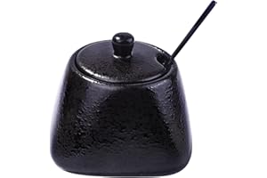 BOSILI Japanese Black Sugar Bowls with Lid Ceramic Salt Container with Stainless Steel Spoon for Sugar Pepper Spices