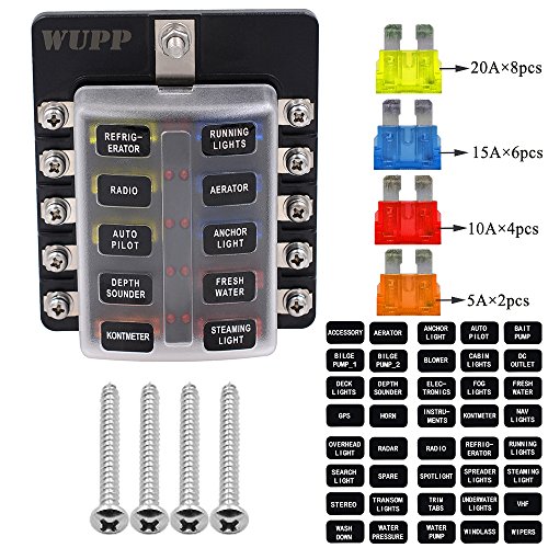 10-Way Fuse Box, 12 Volt Fuse Block with LED Warning Indicator Damp-Proof Cover Automotive Fuse Block for Car Boat Marine RV Truck