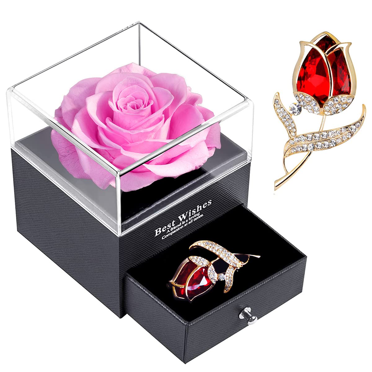 Forever Pink Rose Jewelry Gift Box, Enchanted Real Rose with Ruby Brooch, Eternal Handmade Preserved Rose Flower for Women,Wife, Girlfriend on Valentine's Day, Birthday, Mother's Day.