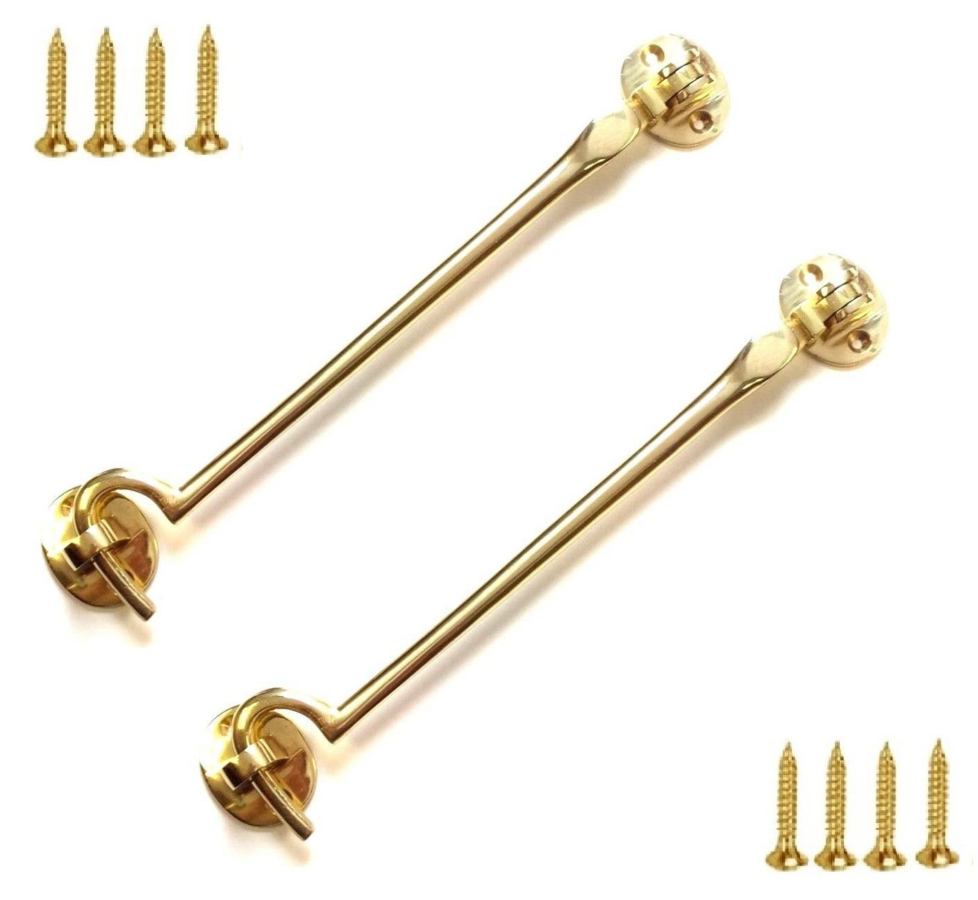 TERF® 200mm Heavy Duty Polished Brass Cabin Door Hook and Eye Lock 200mm (8 inch) Cabinet Latch including Fixing Screw For Door Gate Window Closet Shed Latch - Pack of 2
