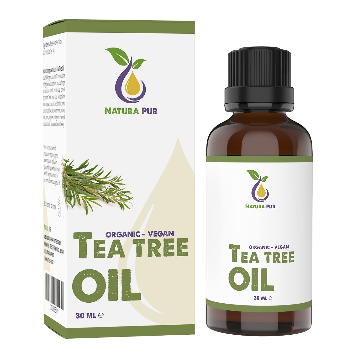 Organic Tea Tree Oil 30ml – 100% Pure Undiluted Tea Tree Essential Oil, Vegan – for Skin, Nails, Hair, Aromatherapy and diffusers