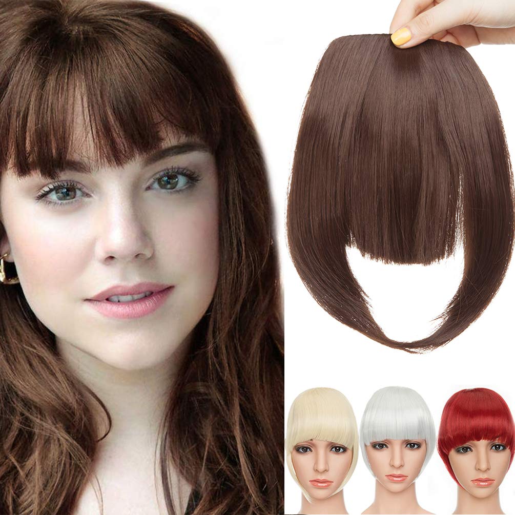 Clip in Hair Bangs Fringe Bangs Hair Extensions Straight Bangs with Temple Hairpieces Accessories Thick Full Neat Front Bangs Hair Piece Medium Brown