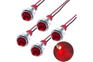 DMWD 5Pcs 10mm 12V-24V LED Metal Indicator Light Mounting Hole 2/5 inches 20mA Waterproof Wide Flat Head Signal Lamp Pilot Dash Directional with Wire （Red LED）