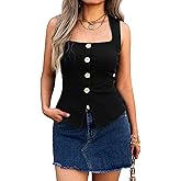 Evzeiem Women's Ribbed Tank Tops Slim Fit Square Neck Sleeveless Shirts Slit Hem Summer Casual Basic Tanks
