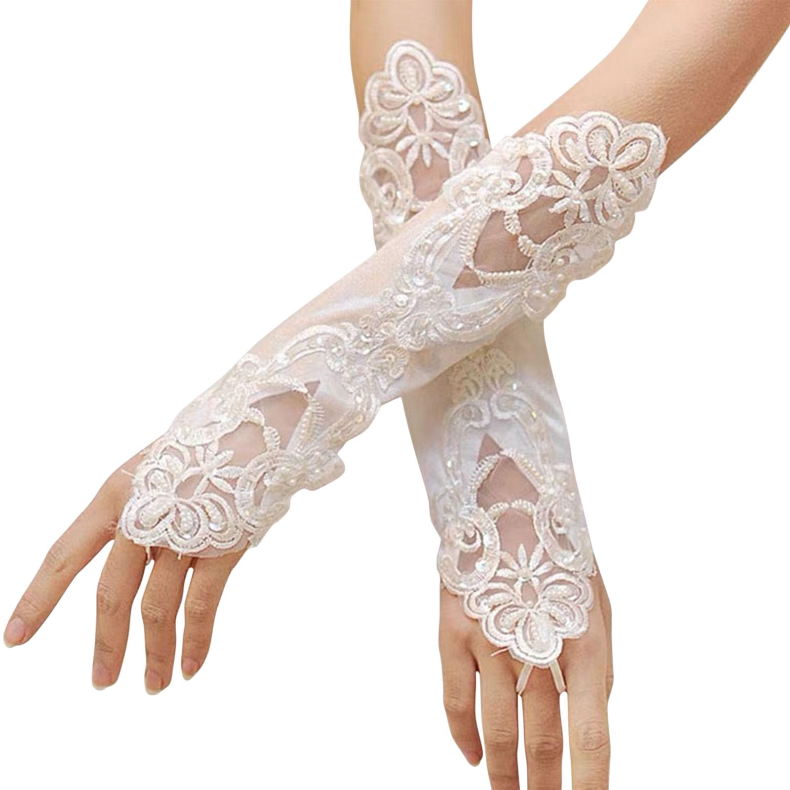 CHENGZI Wedding Satin Pair Lace Embroidered Fingerless Gloves