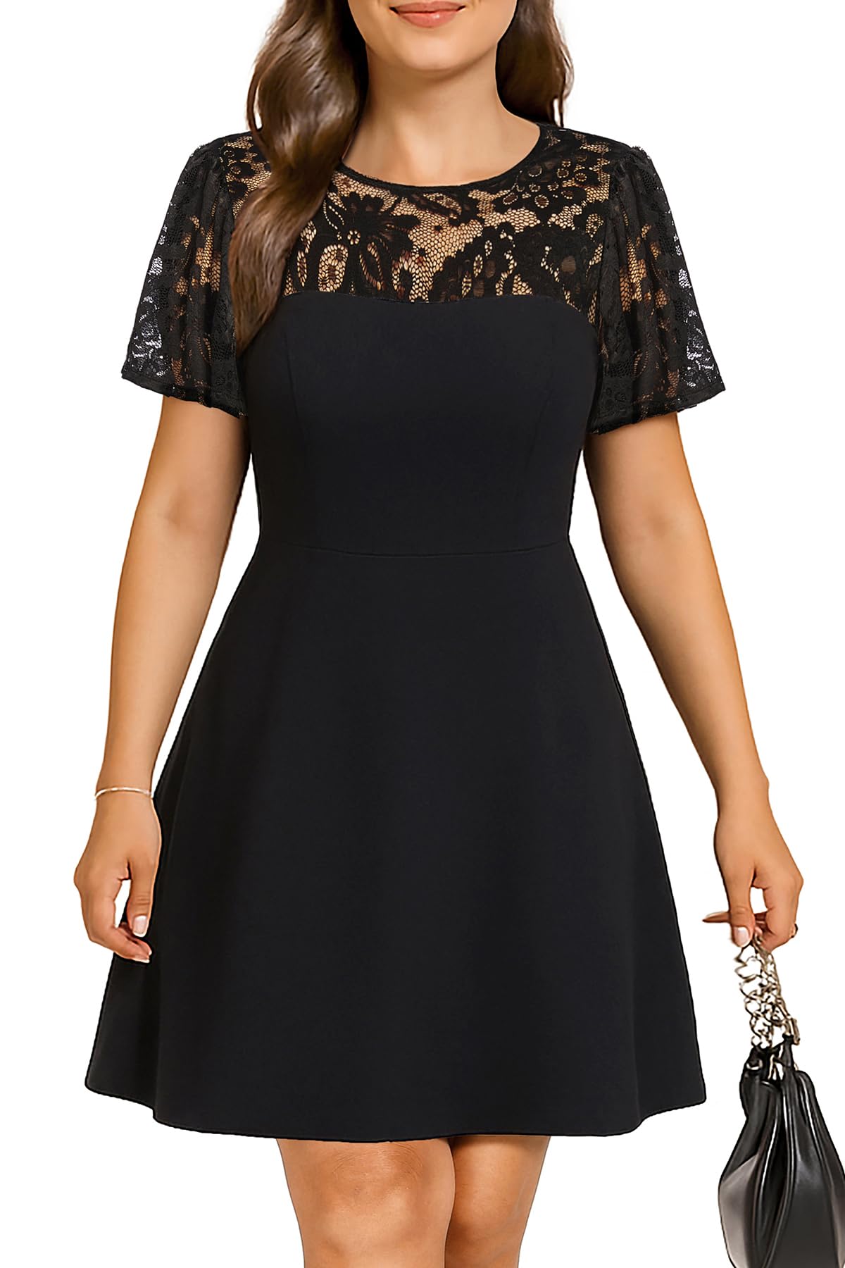 Photo 1 of Plus Size Black Dress Cocktail Wedding Guest Party Lace Short Sleeve Semi Formal A line Short Dresses Curvy Women Summer