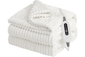 REAKS Heated Blanket Electric Throw - 50" x 60" Electric Blanket with 4 Fast Heating Levels & 3 Hours Auto Off, Soft Flannel Heating Blankets for Home Office, UL&FCC Certification, White