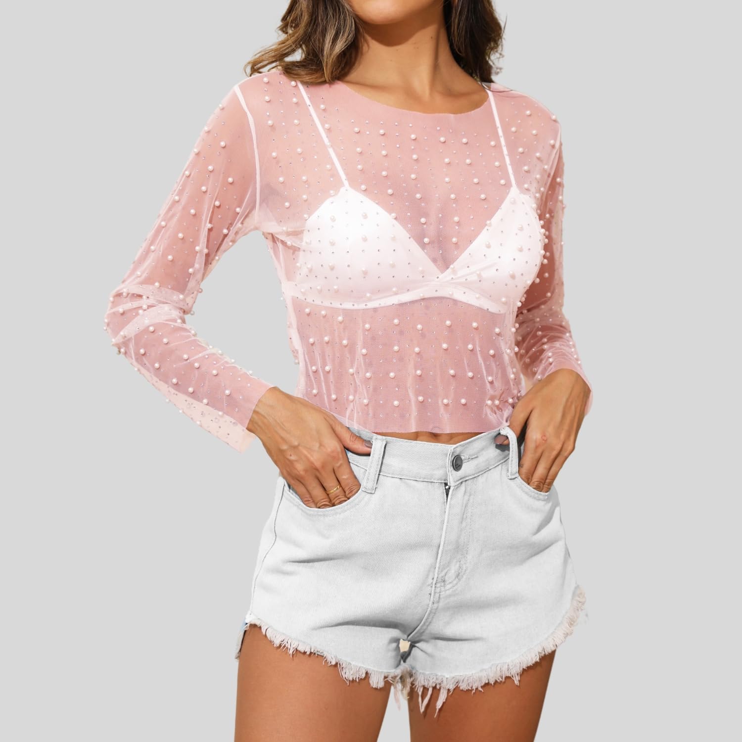 Naileksi Women Pearl Rhinestone Crop Top