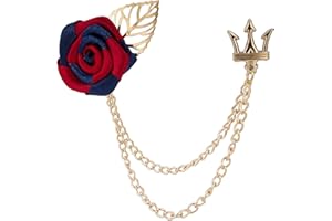 A N KINGPIIN an KINGPiiN Red and Blue Rose with Gold Leaf and Crown with Hanging Chain Lapel Pin, Brooch Suit Stud, Shirt Studs Men's Accessories