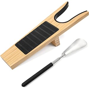 Yinjere Wooden Boot Jack with Stainless Steel Shoehorn | Wooden Material, Wood Boot Remover, One Size Fits All, Non-slip mat