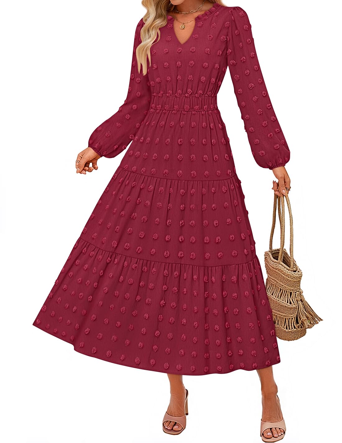 Photo 1 of ZESICA Boho Fall Maxi Dresses for Women Dressy Casual Long Sleeve Swiss Dot Tiered Flowy Swing Wedding Guest Long Dress Wine Red L