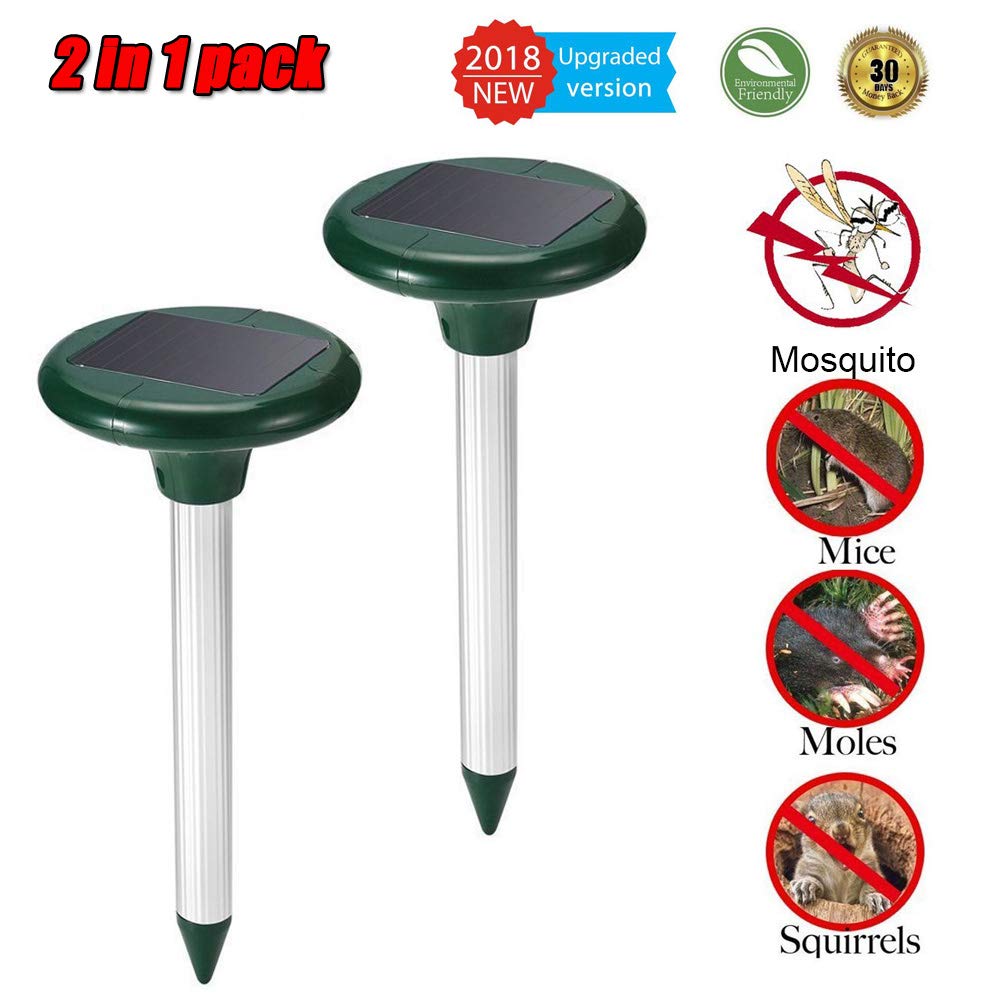 Outdoor Pest Repeller,Ultrasonic Mole Repellent 2 PCS Solar Waterproof Ultrasonic Pest Repeller for Repel Mole Voles Gopher Mice and Rats Rodent Yard Lawn Garden Repellent Pest Ultrasonic Repellents