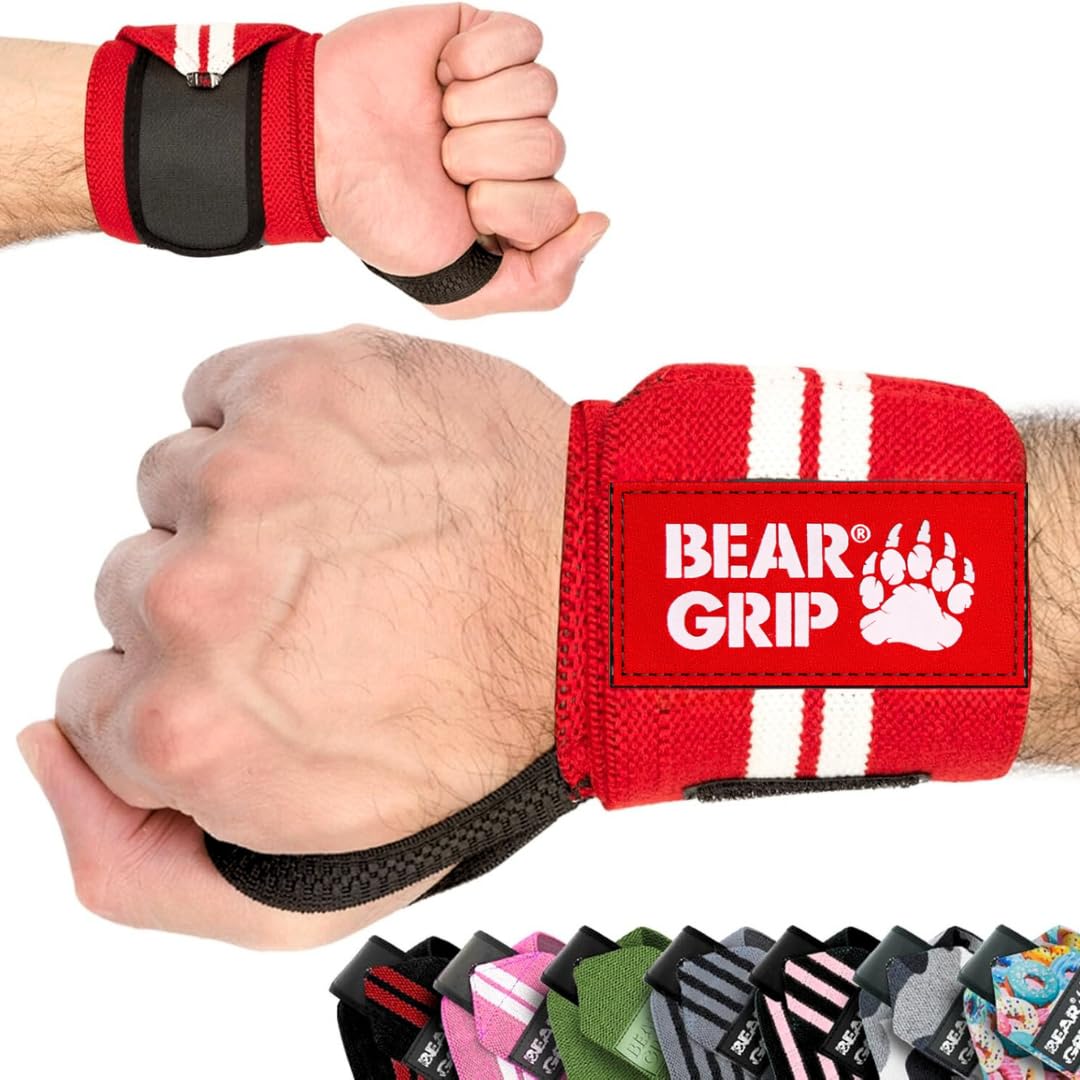 BEAR GRIP - Weight lifting wrist support wraps (Sold in pairs) (REDWHITE)