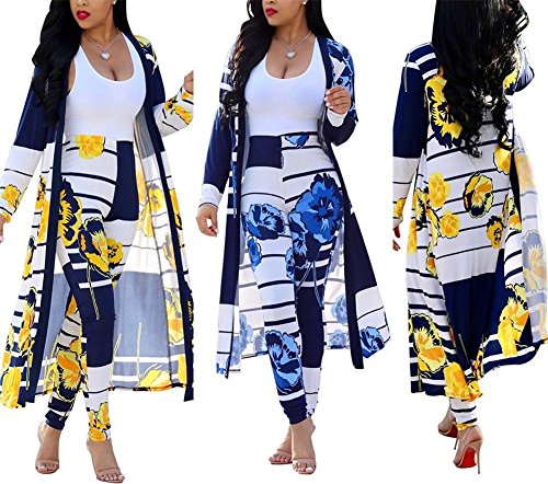 Womens Floral Print Long Sleeve Cardigan Cover up Long Pants 2 Piece Outfits Set Yellow